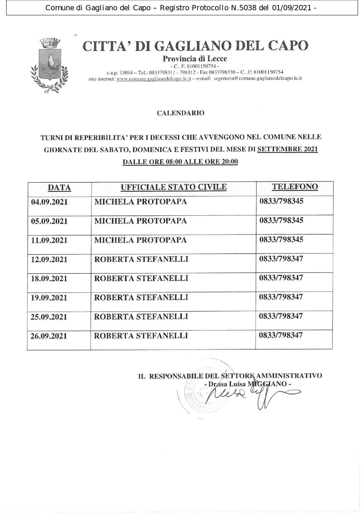 CALENDARIO TURNI DI REPERIBILITA’ PER I DECESSI CHE AVVENGONO NEL COMUNE NELLE GIORNATE DEL SABATO, DOMENICA E FESTIVI DEL MESE DI SETTEMBRE 2021 DALLE ORE 08:00 ALLE ORE 20:00