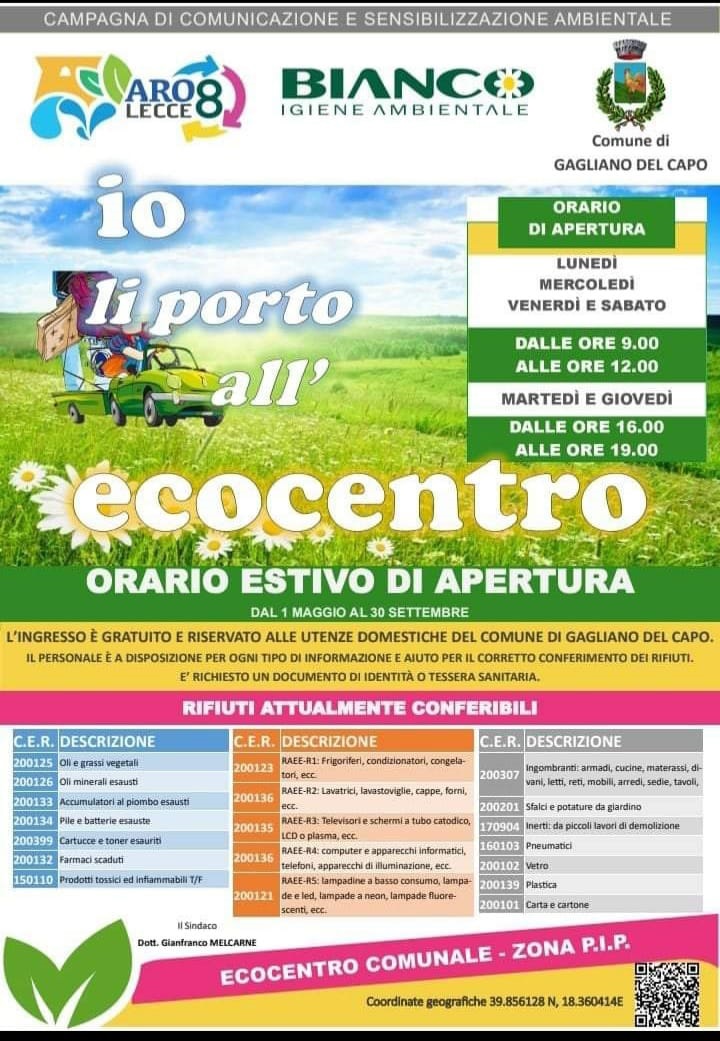 ORARIO ESTIVO DI APERTURA DELL'ECOCENTRO