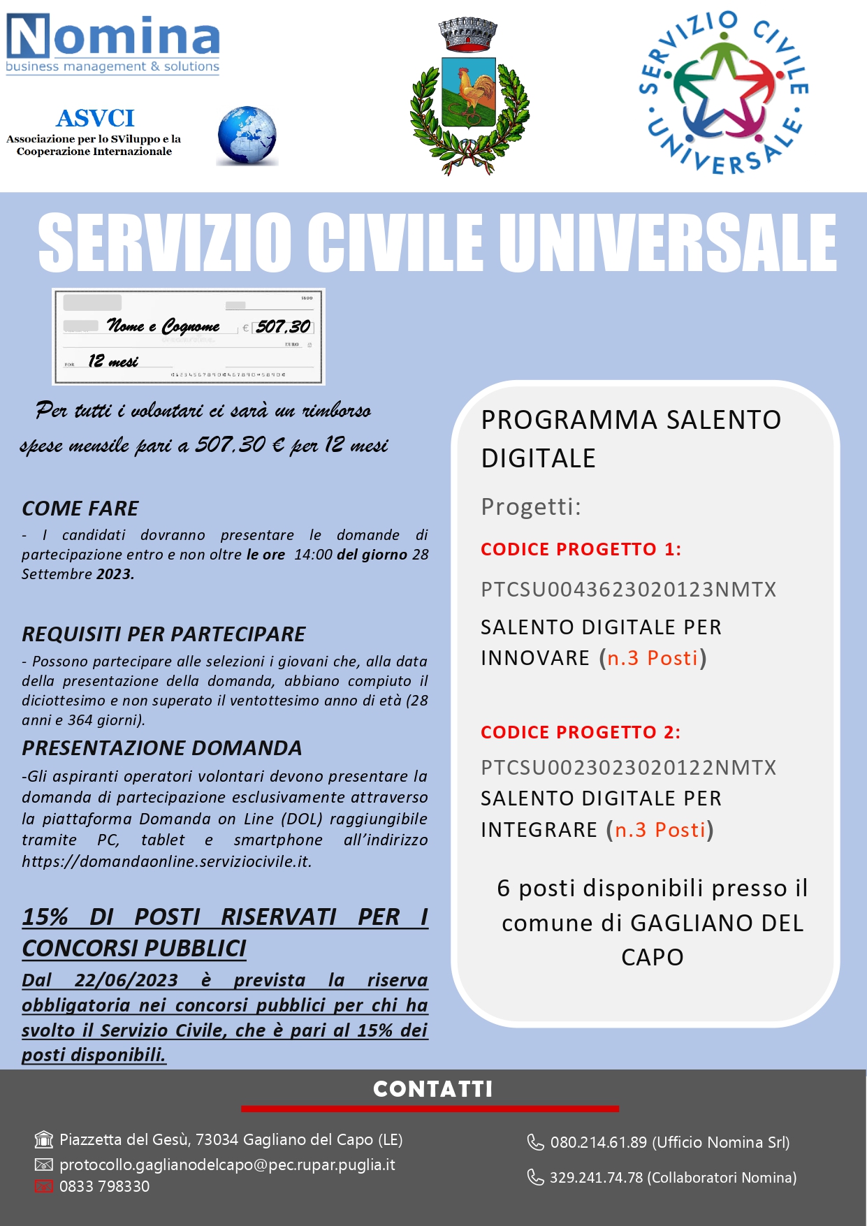 BANDO SERVIZIO CIVILE DIGITALE 2023 - SCADENZA ALLE ORE 14.00 DEL 28 SETTEMBRE 2023