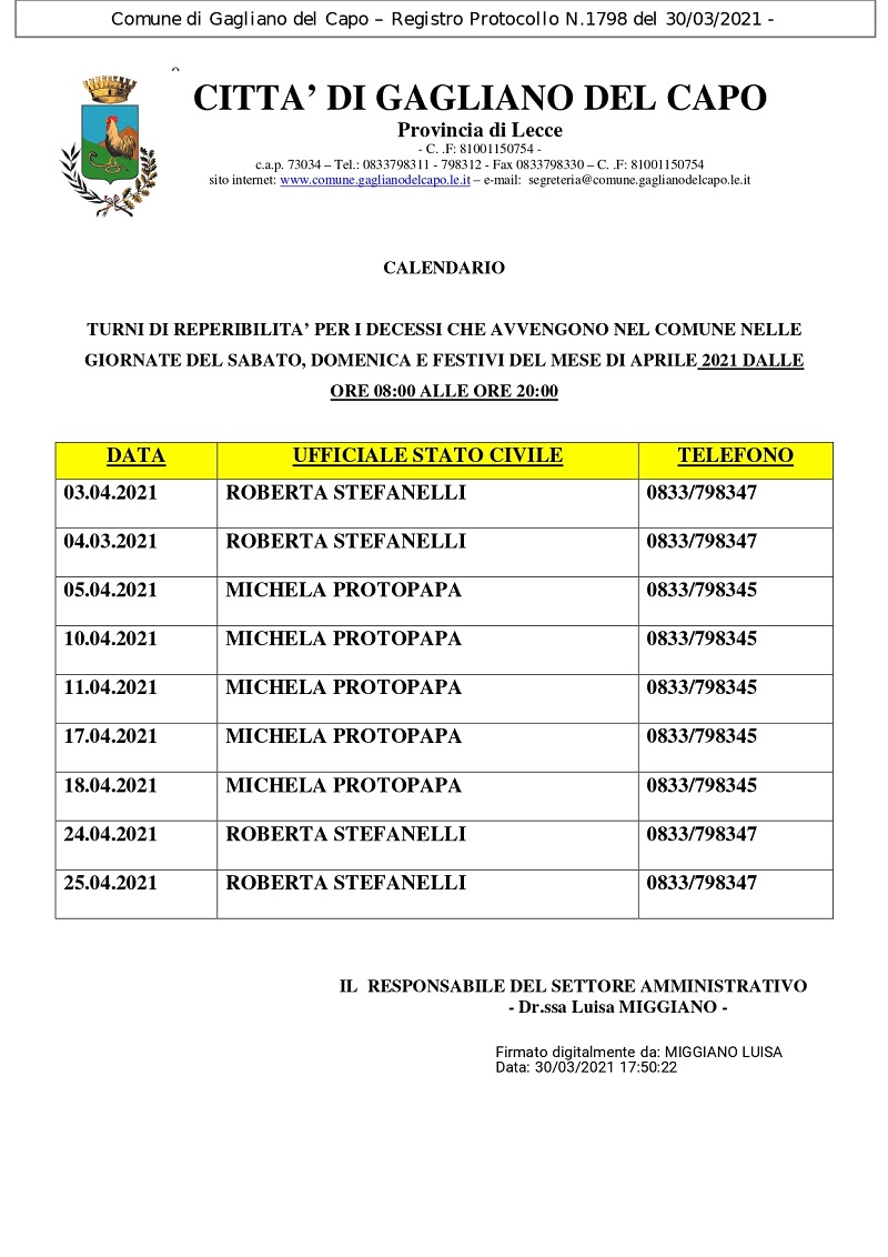 CALENDARIO TURNI DI REPERIBILITA