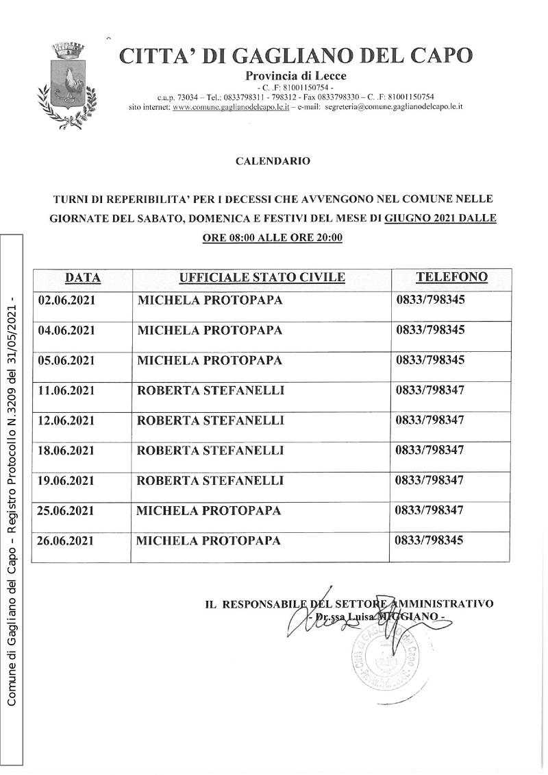 CALENDARIO TURNI DI REPERIBILITA’ PER I DECESSI CHE AVVENGONO NEL COMUNE NELLE GIORNATE DEL SABATO, DOMENICA E FESTIVI DEL MESE DI GIUGNO 2021 DALLE ORE 08:00 ALLE ORE 20:00