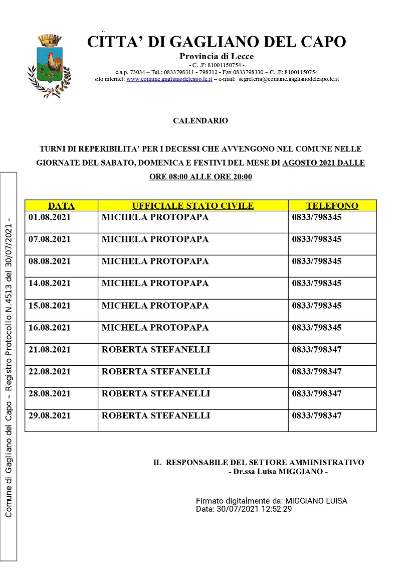 CALENDARIO TURNI DI REPERIBILITA’ PER I DECESSI CHE AVVENGONO NEL COMUNE NELLE GIORNATE DEL SABATO, DOMENICA E FESTIVI DEL MESE DI AGOSTO 2021 DALLE ORE 08:00 ALLE ORE 20:00