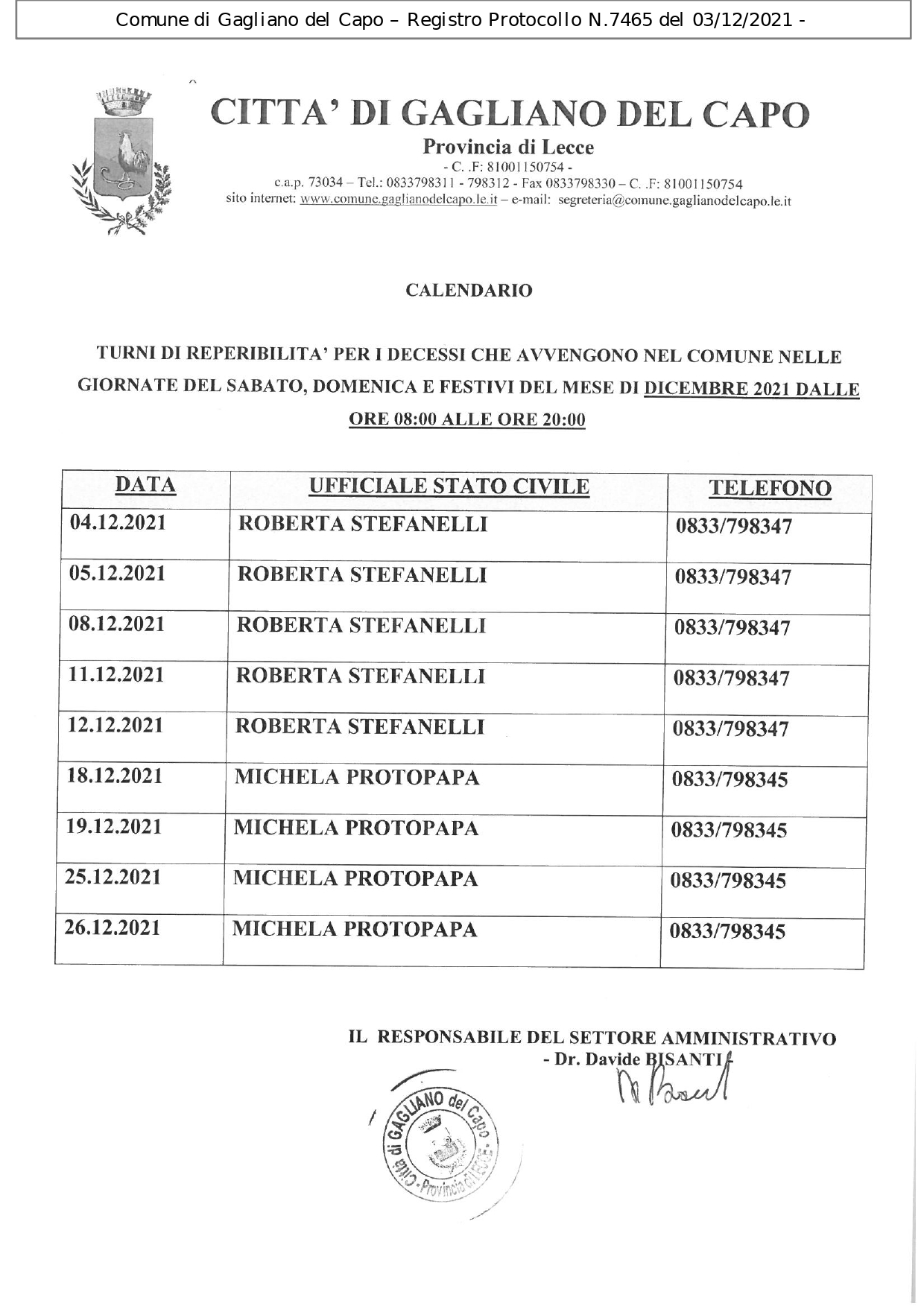 CALENDARIO TURNI DI REPERIBILITA’ PER I DECESSI CHE AVVENGONO NEL COMUNE NELLE GIORNATE DEL SABATO, DOMENICA E FESTIVI DEL MESE DI DICEMBRE 2021 DALLE ORE 08:00 ALLE ORE 20:00